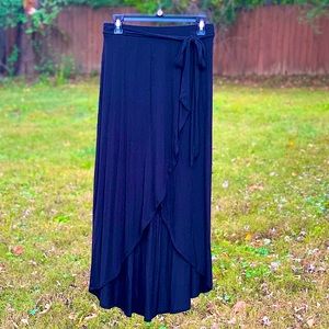 〰️ A New Day Asymmetrical Black Faux Wrap Midi Skirt Size Small Elastic Waist 〰️